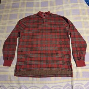 VTG 90s Ralph Lauren Tartan Plaid Polo Shirt Large Red Green Long Sleeve Holiday